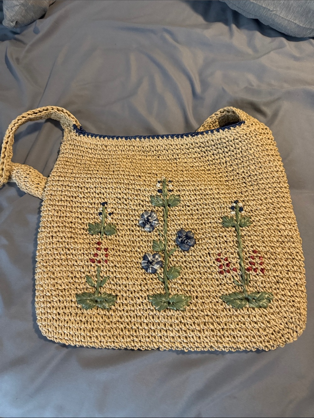 Woven Straw Floral Embroidered Shoulder Bag - Natural